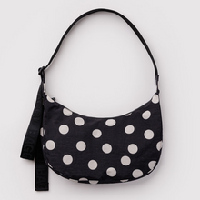 Load image into Gallery viewer, Medium Nylon Crescent Bag - Black and Cream Polka Dot