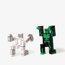 Load image into Gallery viewer, Two robot toy figures, one green and black, the other white and gray, on a white background.