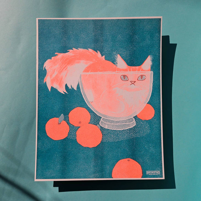 Orange Cat In A Bowl Risograph Print - Tigertree