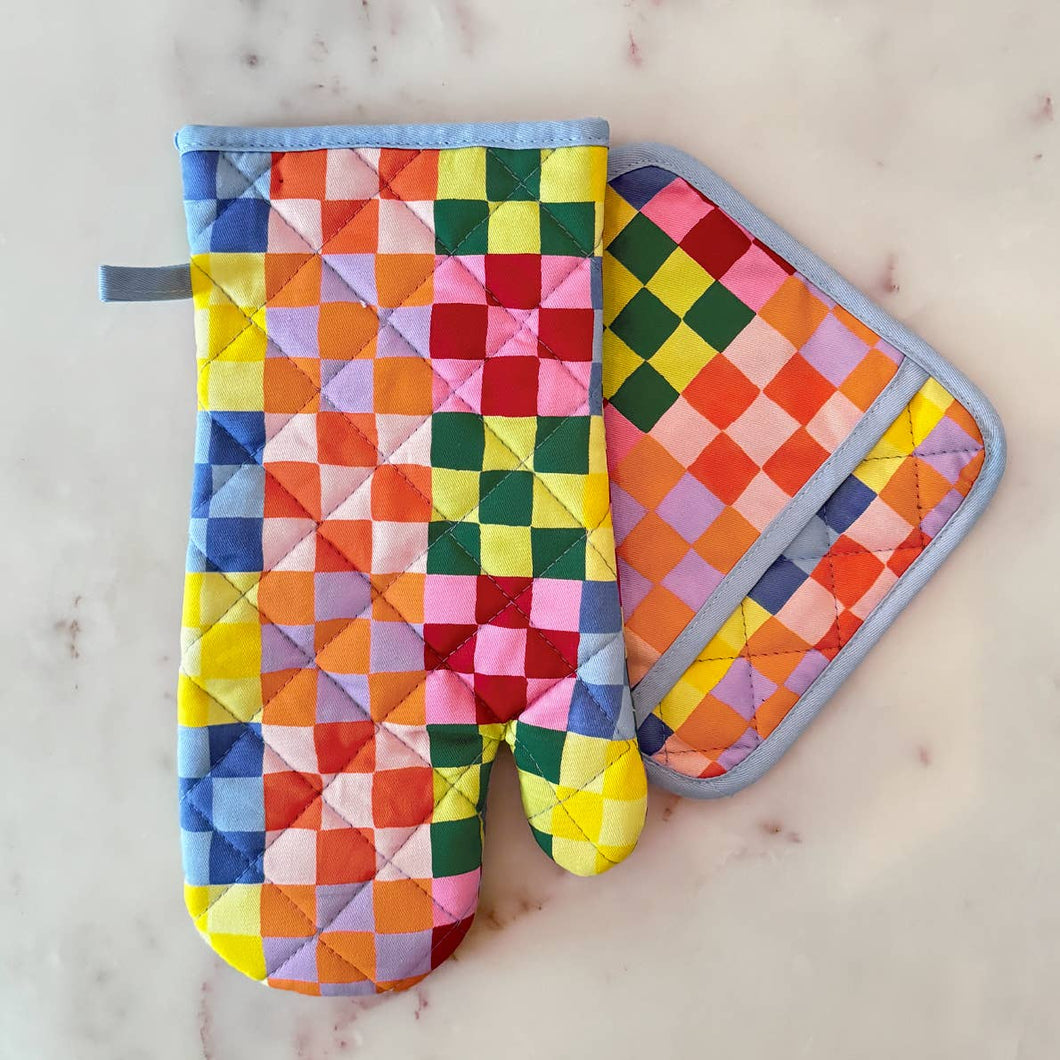 Rainbow Check Oven Mitt + Potholder Set