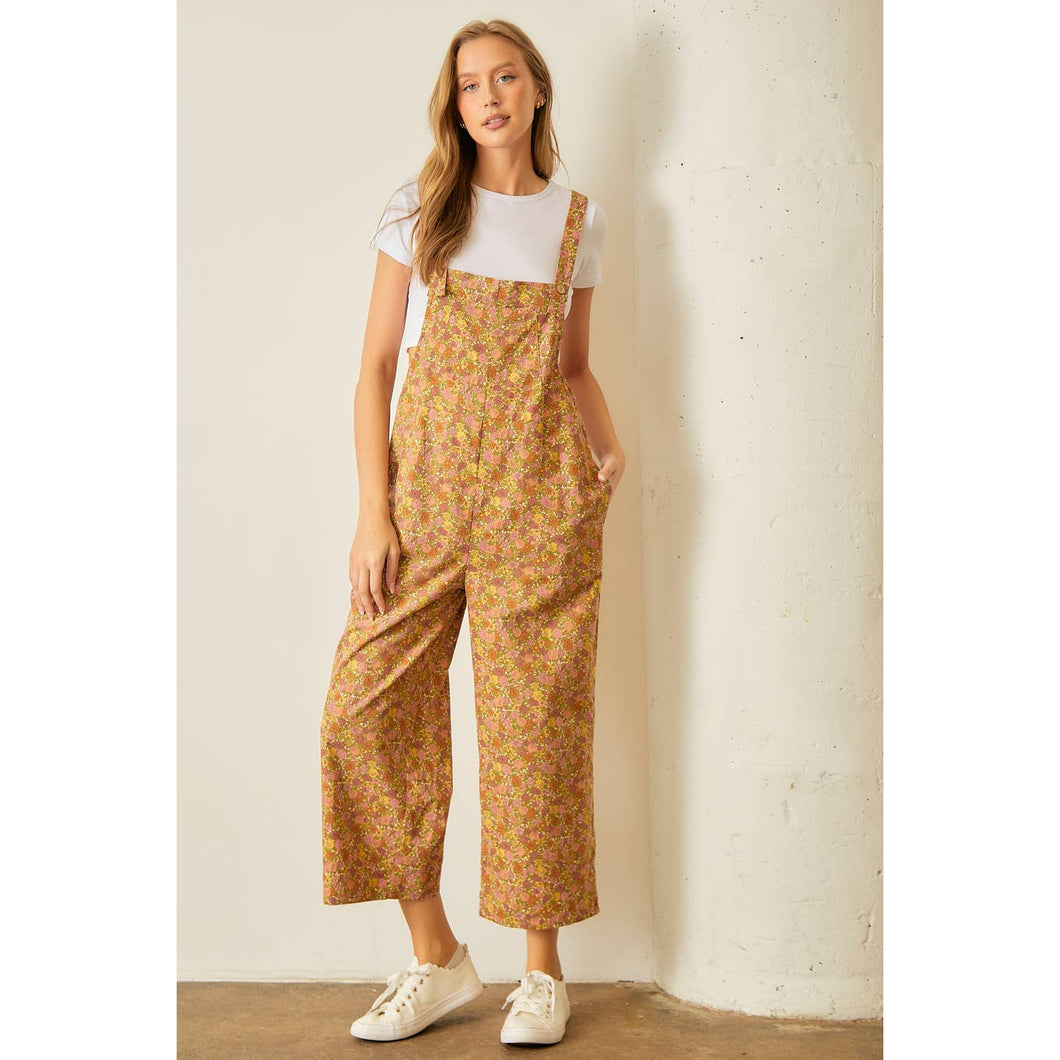 Floral Corduroy Overalls- Marsala