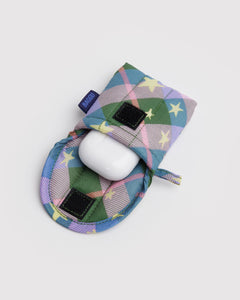 Puffy Earbud Case- Green Star Plaid