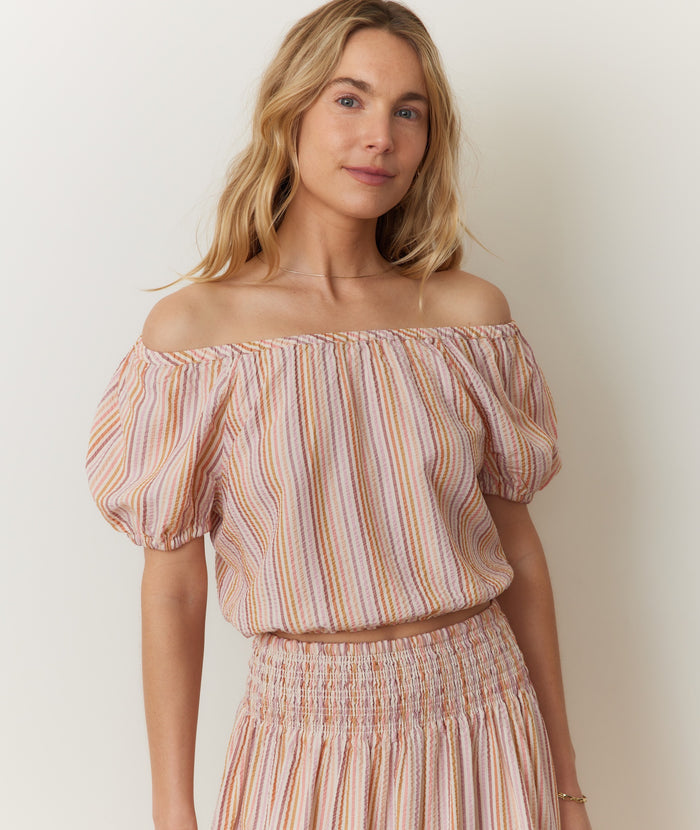 Marella Seersucker Crop Blouse - Sunset Stripe - Tigertree