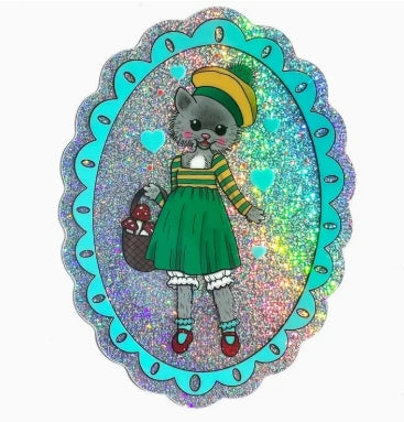 Kitty Cat Gathering Mushrooms Glitter Sticker - Tigertree