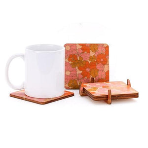 Wood Coaster Set - Floral Red Pink