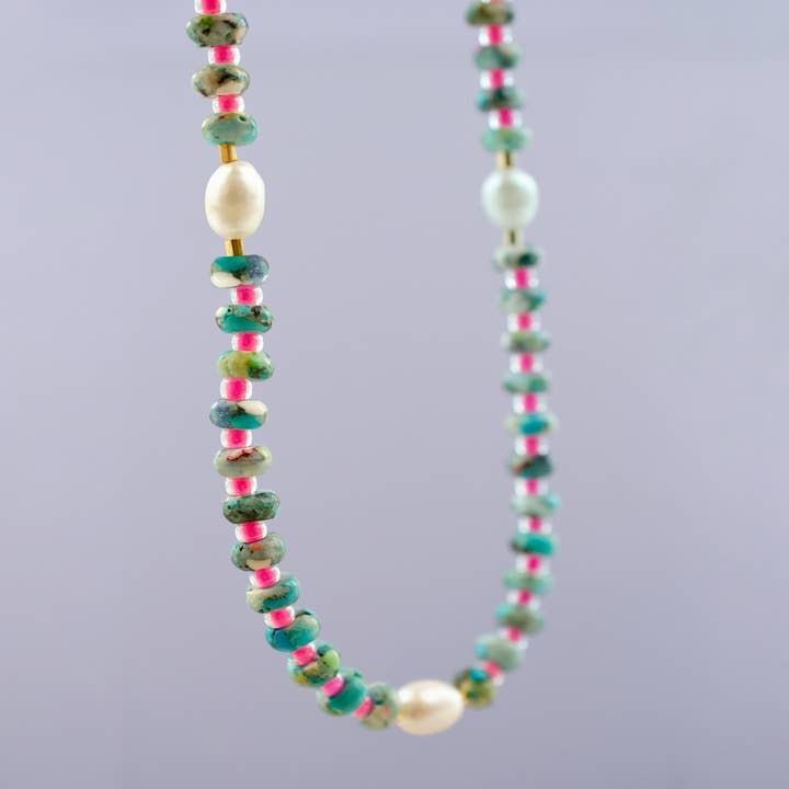 Turquois and Pearl Pebble Necklace