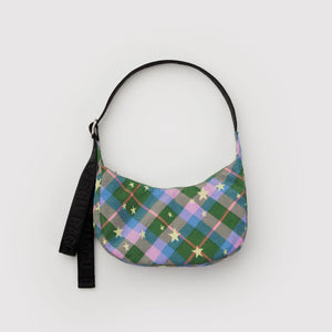 Small Nylon Crescent Bag- Green Star Plaid