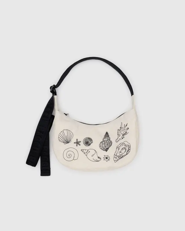 Small Nylon Crescent Bag- Embroidered Shells
