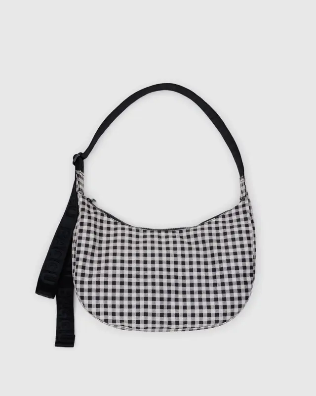 Medium Nylon Crescent Bag- Black &White Gingham