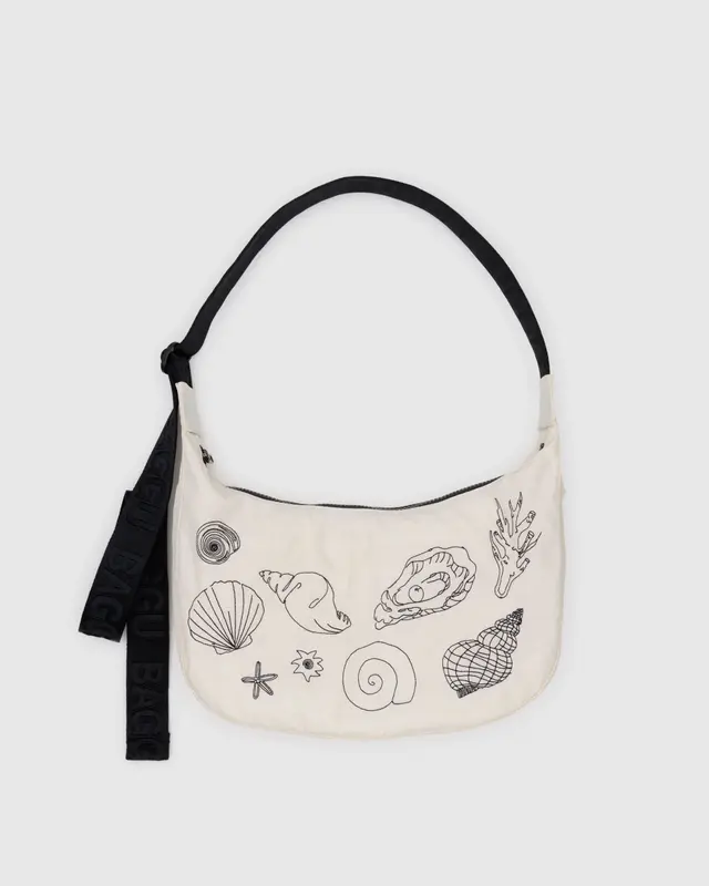 Medium Nylon Crescent Bag- Embroidered Shells