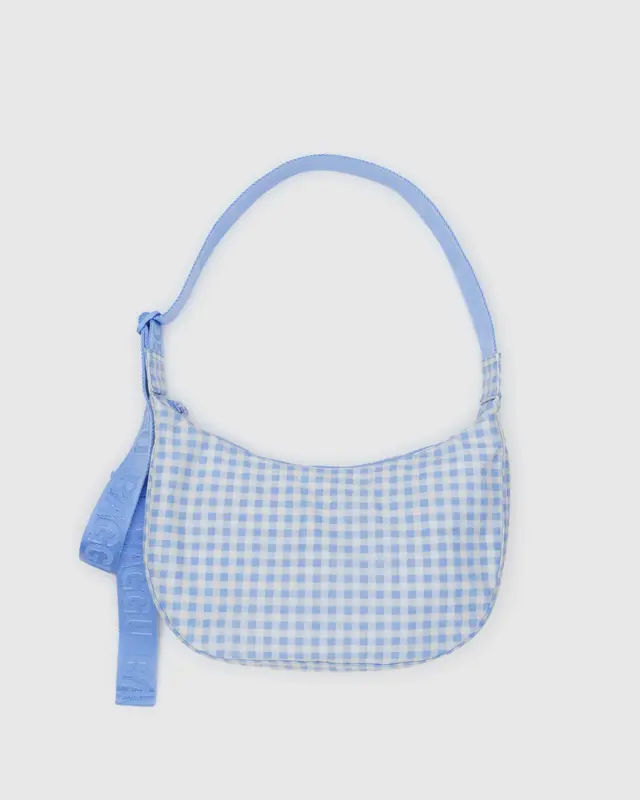 Medium Nylon Crescent Bag- Light Blue Gingham
