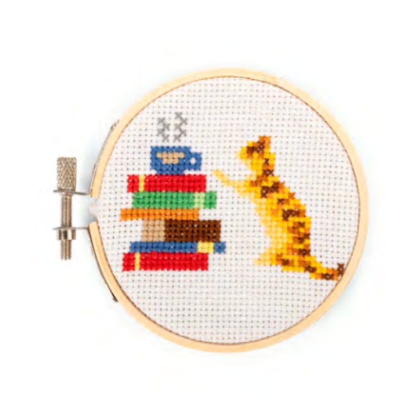 Mini Cross Stitch Embroidery Kit- Cat With Books