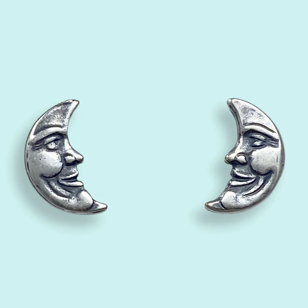 Man-in-the-Moon Stud Earrings - Silver