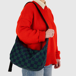 Medium Nylon Crescent Bag - Navy Green Check