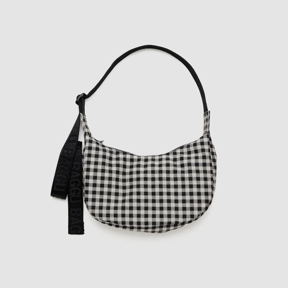 Small Nylon Crescent Bag - Black & White Gingham